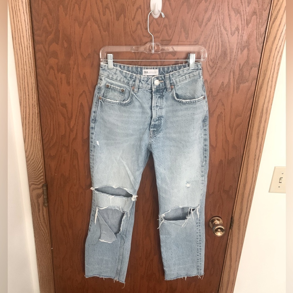 ZARA Distressed Straight Leg Button Fly Jeans
